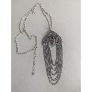 Vintage Black Cabochon Filigree Bib Necklace Chain Fringe Gothic Boho